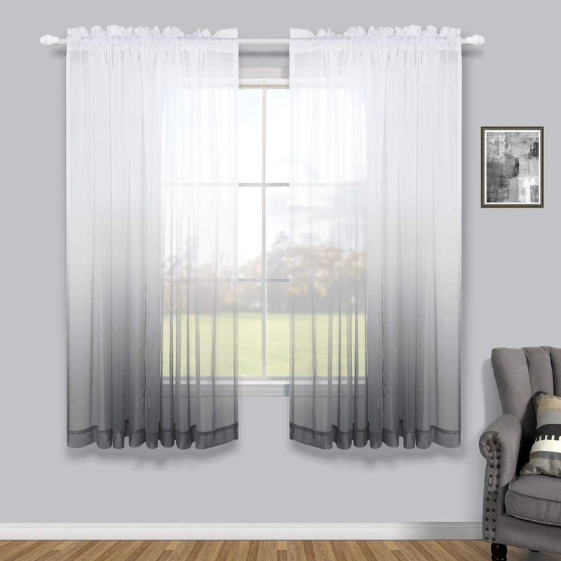 KOUFALL Grey Curtains 63 Inch Length for Living Room 2 Panels Set Rod Pocket Window Sheer Drapes Ombre Short Thin Curtains for Bathroom Decor Gray Bedroom Set of 2 Panels - Image 1